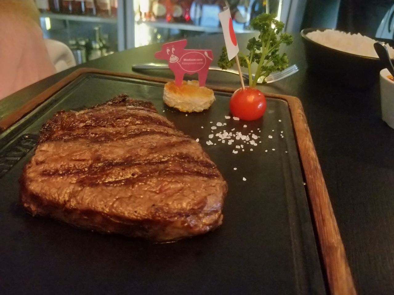 Kobe A5 Wagyu Tenderloin medium-rare Steak in Budapest Ungarn.